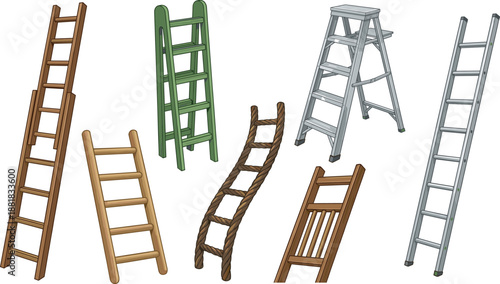 Collection of various ladders including wooden, metal, step and rope styles for construction tools illustration, DIY equipment graphics, home improvement artwork and industrial design resources