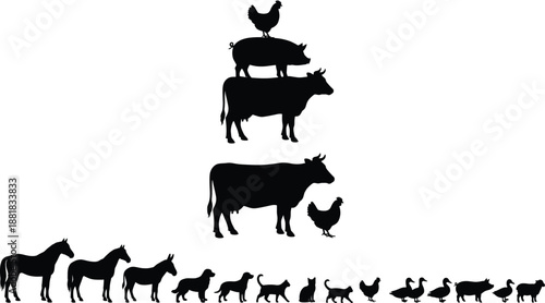 Farm animal silhouettes arranged in stacked composition featuring cows, pigs, chickens, horses, dogs, cats and ducks for agriculture design, livestock graphics and rural themed artwork