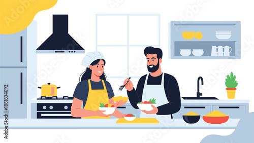 Young couple wearing aprons and chef hats preparing healthy salad and soup together in a bright modern home kitchen.