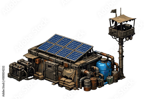 Rustic solar-powered shed with watchtower and industrial supplies