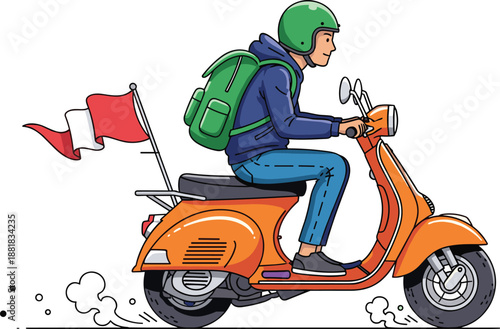 Cartoon illustration of a delivery man riding an orange scooter with a green backpack and flag, isolated on a white background, vector.