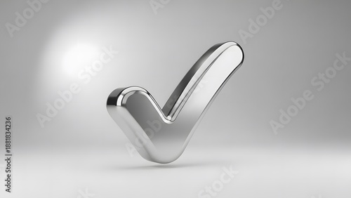 Shiny metallic checkmark symbol on a gray background.