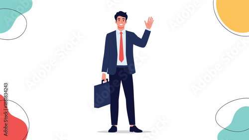 Smiling businessman in a professional dark suit and red tie holding a briefcase and waving his hand on a white background.