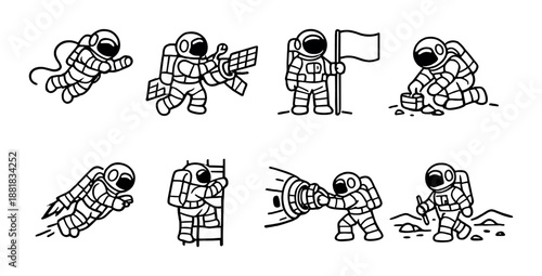 Cartoon astronauts in various space activities and poses