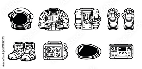 Space gear icons set - helmet, suit, backpack, gloves, boots, helmet, console