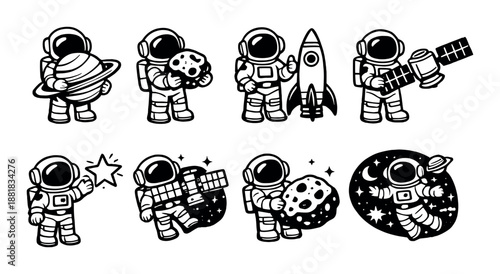 Cartoon astronauts and space elements with rockets and satellites