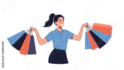 Happy young woman with a ponytail carrying many colorful shopping bags and smiling while walking through a shopping mall.
