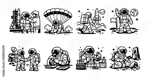 Illustrations of astronauts in various space exploration activities