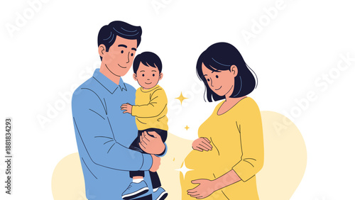 Happy young family with a father holding a toddler and a pregnant mother standing together and smiling in a warm light.