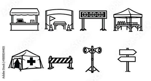 Monochrome event icons: booth, timer, tent, speaker, signage, medical tent, barrier