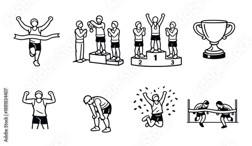 Athletic achievement icons: running, trophies, winning podium, teamwork, celebration