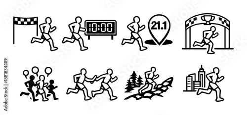 Marathon icon set: runners, finish, timer, half marathon, relay and city background
