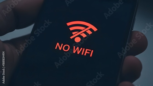 Person holding a smartphone with no WiFi connection displayed on the screen.