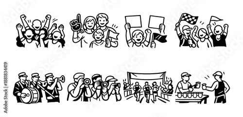 Diverse crowd celebrating with flags, cameras, band, runners, and refreshments