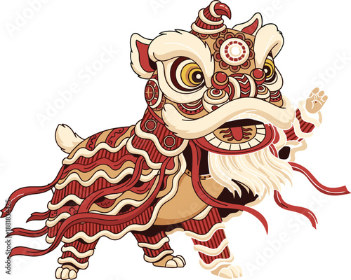 Chinese, lion, dance, illustration, vector, traditional, festival, lunar, new, year, celebration, culture, isolated, white, background, mascot, costume, performance, red, gold, asian, luck
