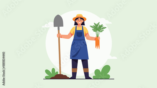 Smiling female farmer wearing a hat and apron holding a shovel and a bunch of fresh carrots in a sunny garden.