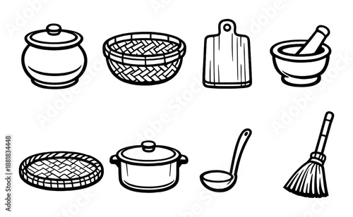 Vintage kitchenware icons: pots, cutting board, mortar, broom, and ladle illustrations