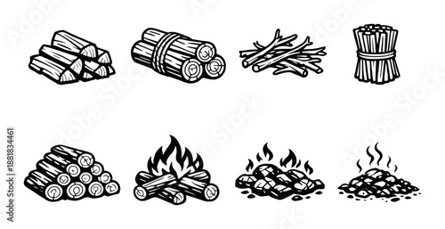 Wood and fire variants: logs, sticks, and burning coals illustrations