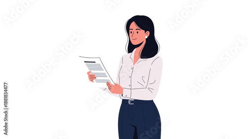 Young professional woman in a white shirt and dark trousers carefully reading a document or contract in a bright office.