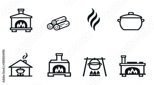 Black and white fireplace icons set with cooking elements