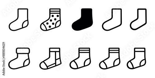 Black icon set of various sock designs on dark background