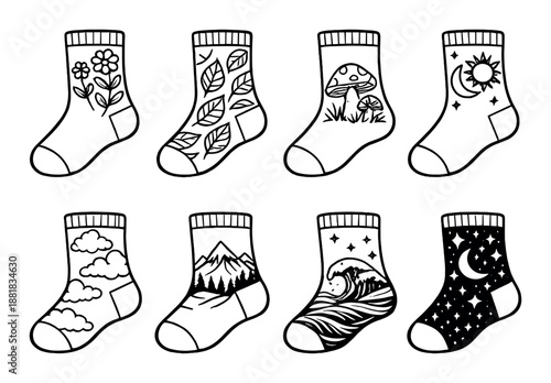 Illustrative black and white socks with nature-themed patterns