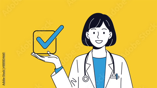 Smiling female doctor wearing a white coat and stethoscope holding a large blue checkmark icon on a yellow background.