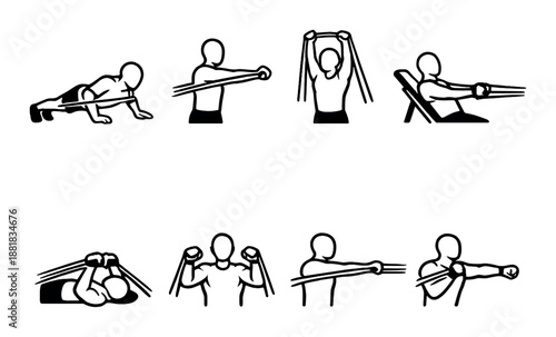 Set of resistance band workout poses for full-body strength training