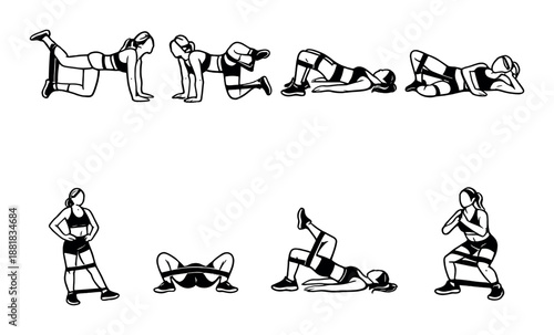 Female fitness workout with resistance bands in various positions