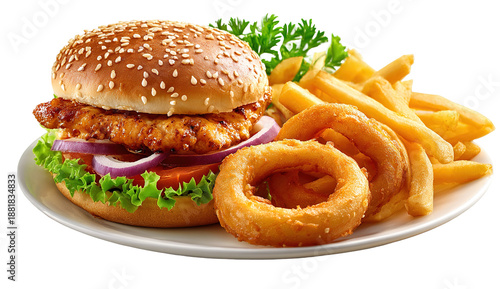 Classic double cheeseburger with fries and onion rings on a diner table