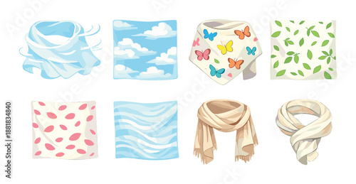 Collection of colorful decorative fabric patterns and scarves