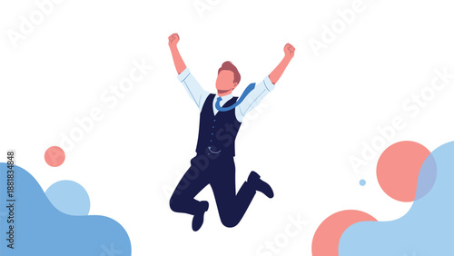 Successful businessman in a suit and tie jumping for joy and celebrating a great achievement or deal in an abstract setting.