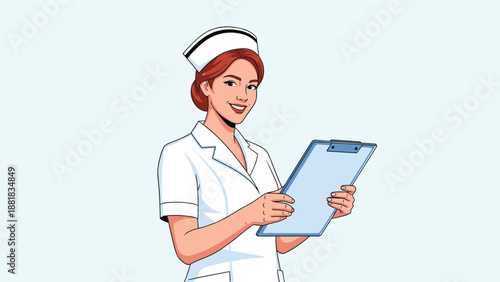 Beautiful young nurse in a traditional white uniform and cap holding a clipboard and smiling while standing against a light background.