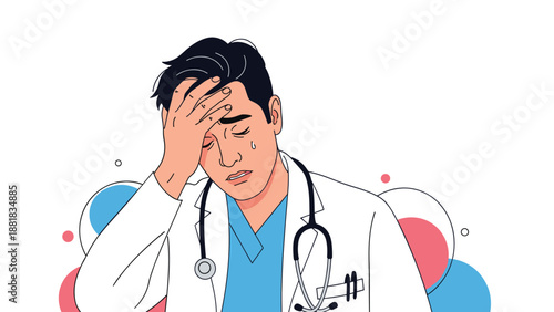 Stressed and tired male doctor wearing a white coat and stethoscope holding his head in a medical clinic or hospital.