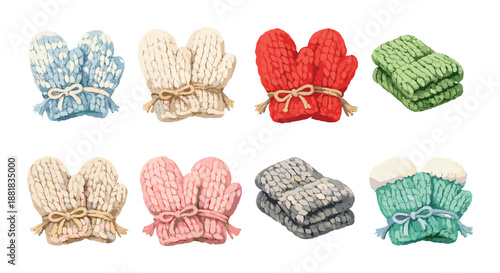 Colorful array of knitted mittens and scarves