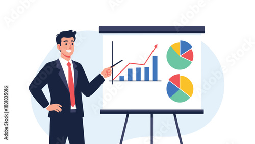 Confident businessman pointing at a presentation board with growth charts and diagrams during a professional meeting.