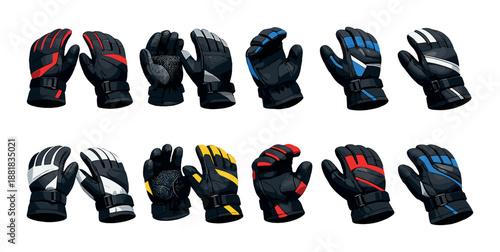 Collection of colorful motorbike gloves on dark background