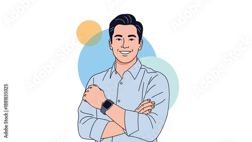 Successful young man wearing a light blue shirt and a smartwatch standing with his arms crossed and smiling.