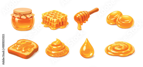 Various forms of honey: jar, honeycomb, dipper, toast, dollop, and drops on golden background