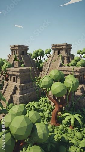 Low Poly Ancient Mayan Temples Hidden in Lush Jungle Landscape.