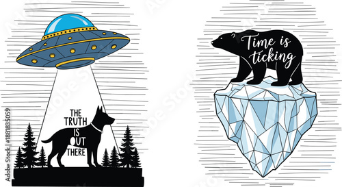 Creative vector illustration set featuring a UFO abducting a dog with alien text and a polar bear standing on a melting iceberg.