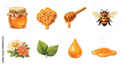 Honey-themed elements: glass jar, honeycomb, dripper, bumblebee, flowers, leaves, drop, puddle