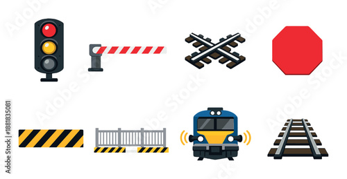 Railway safety icons set with train, signals, and barrier illustrations