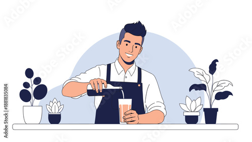 Friendly bartender or barista wearing an apron pouring a drink from a bottle into a glass on a counter with plants.