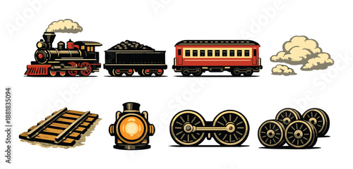 Vintage steam train icons with locomotive, carriage, tracks, and wheels