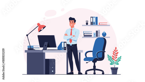 Confident young businessman standing with arms crossed at his desk in a well organized modern office workplace.