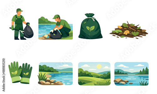 Environmental cleanup and recycling activities by river with nature backgrounds