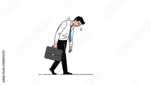 Exhausted businessman walking with a heavy briefcase and sweating from extreme fatigue or intense work stress.