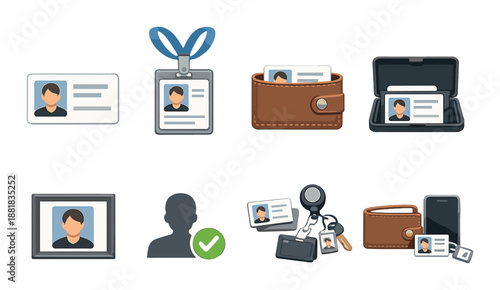 Collection of identification icons and wallets with id cards
