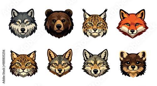 Stylized animal faces set featuring wolves, bears, lynx, fox, and raccoon